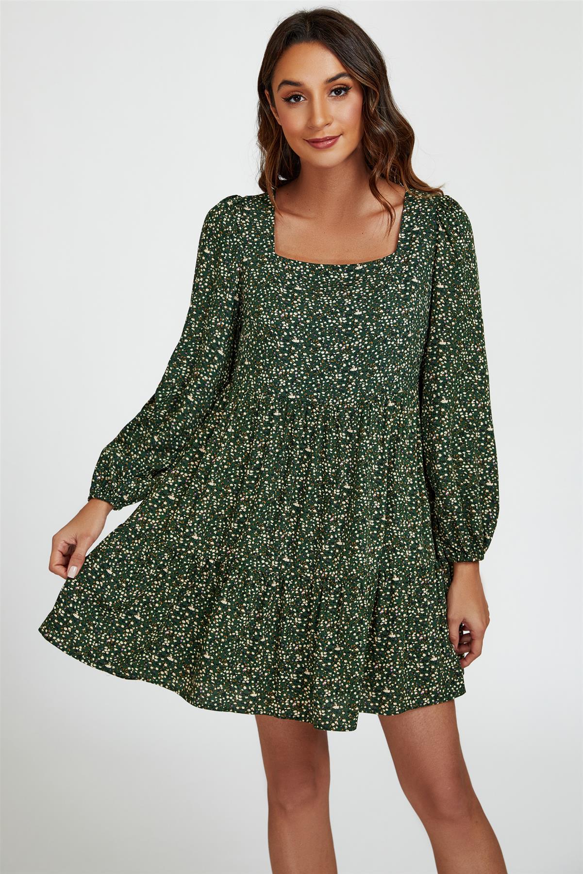 Little Floral Print Square Neck Mini Dress In Olive Green - AXON