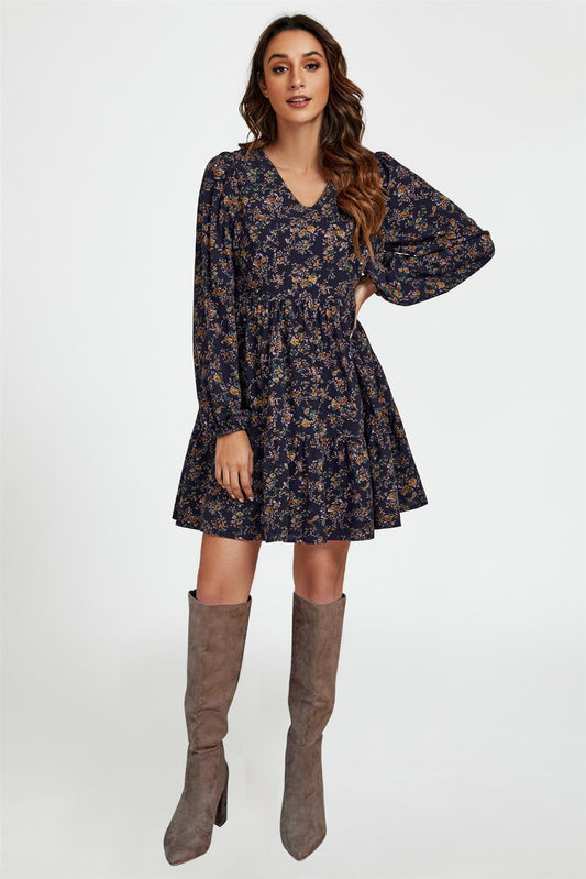 Little Floral Print V Neck Mini Dress In Navy - AXON