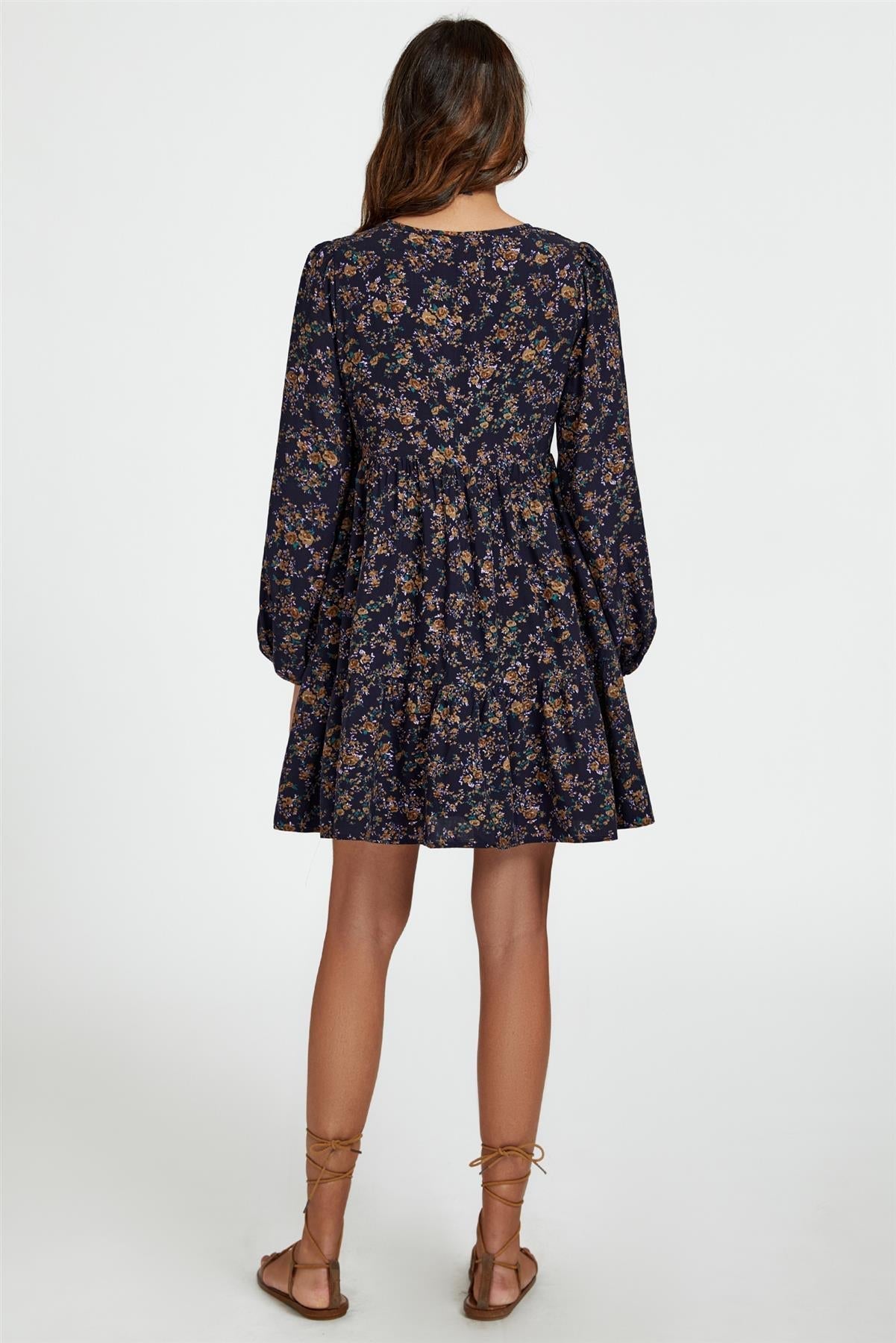 Little Floral Print V Neck Mini Dress In Navy - AXON