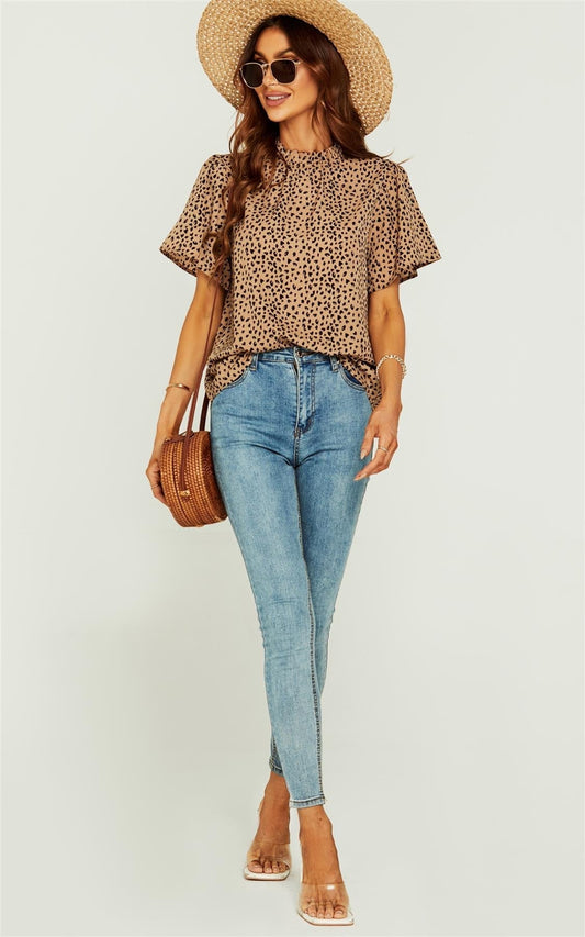 Little Heart Print Angle Sleeve High Neck Top/Blouse In Beige - AXON