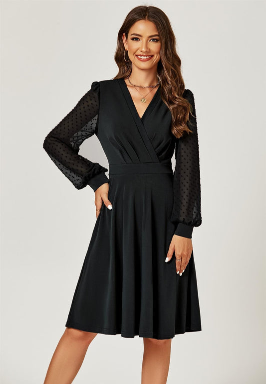 Long Chiffon Sleeve Pleated Midi Dress In Black - AXON