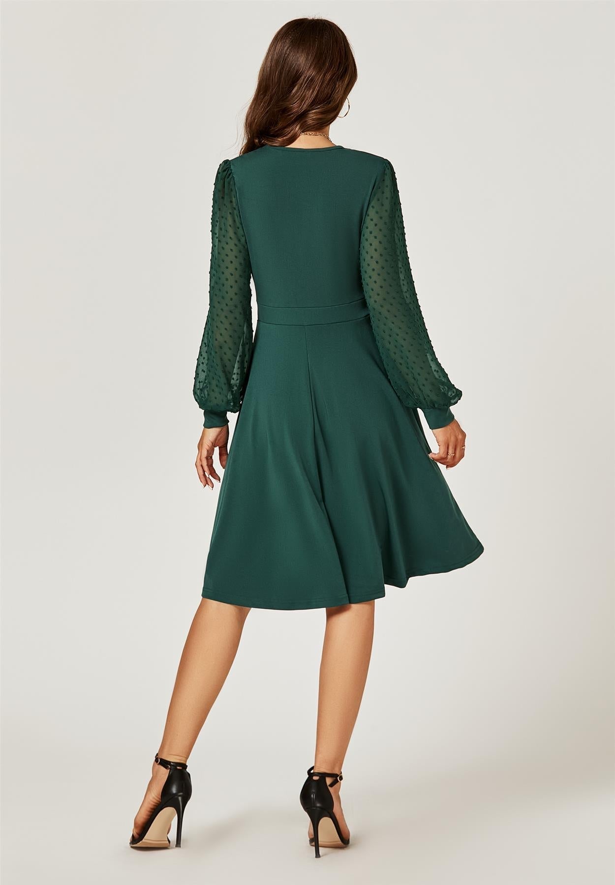Long Chiffon Sleeve Pleated Midi Dress In Dark Green - AXON