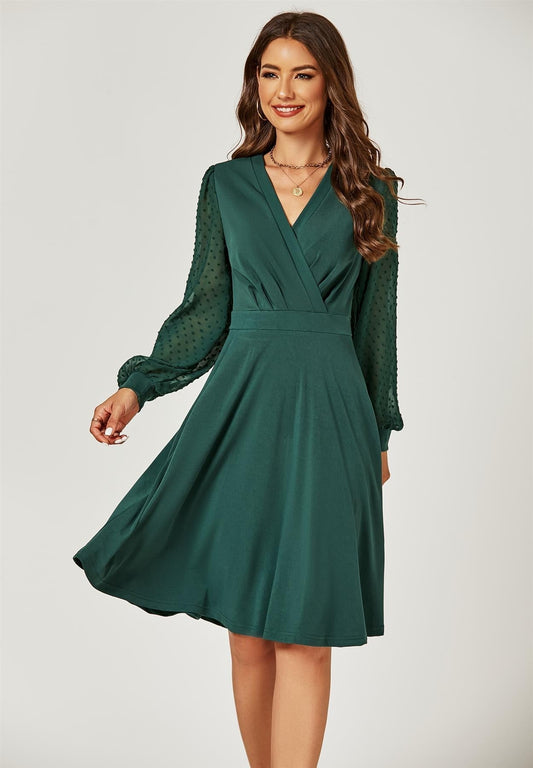 Long Chiffon Sleeve Pleated Midi Dress In Dark Green - AXON