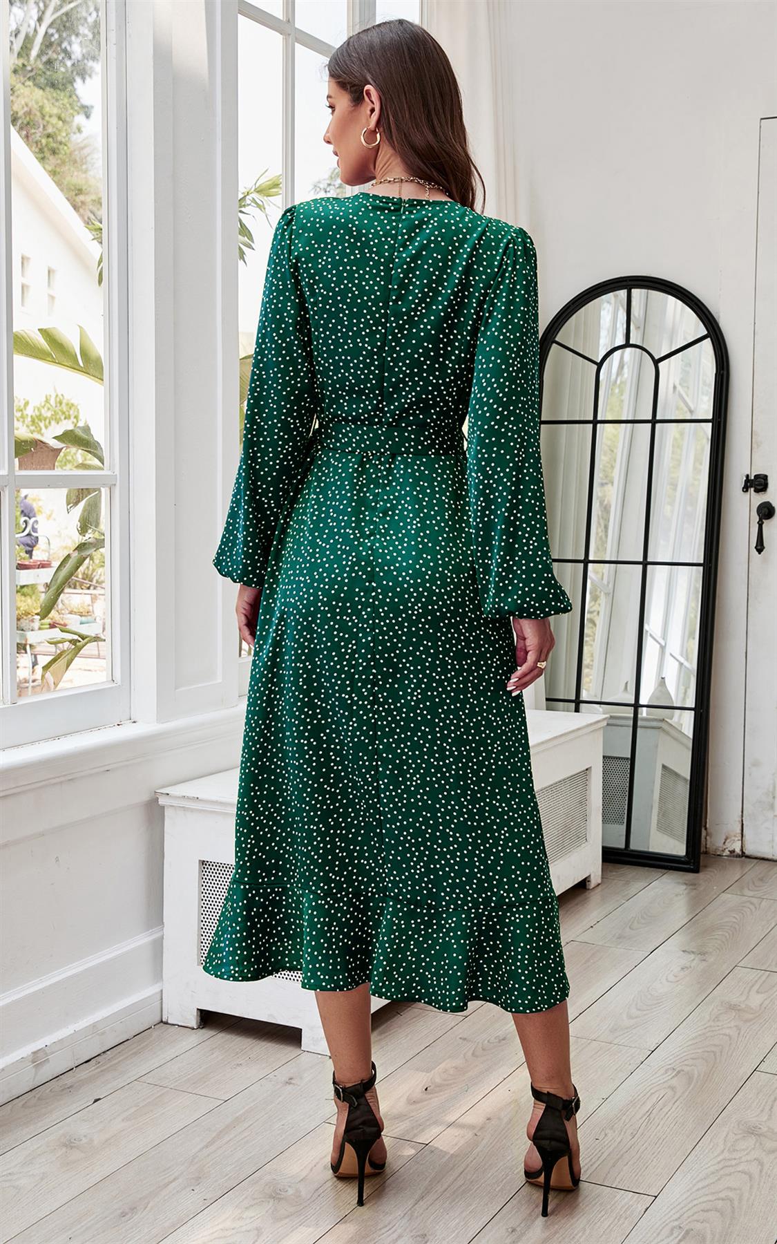 Long Sleeve Wrap Midi Dress In Green - AXON