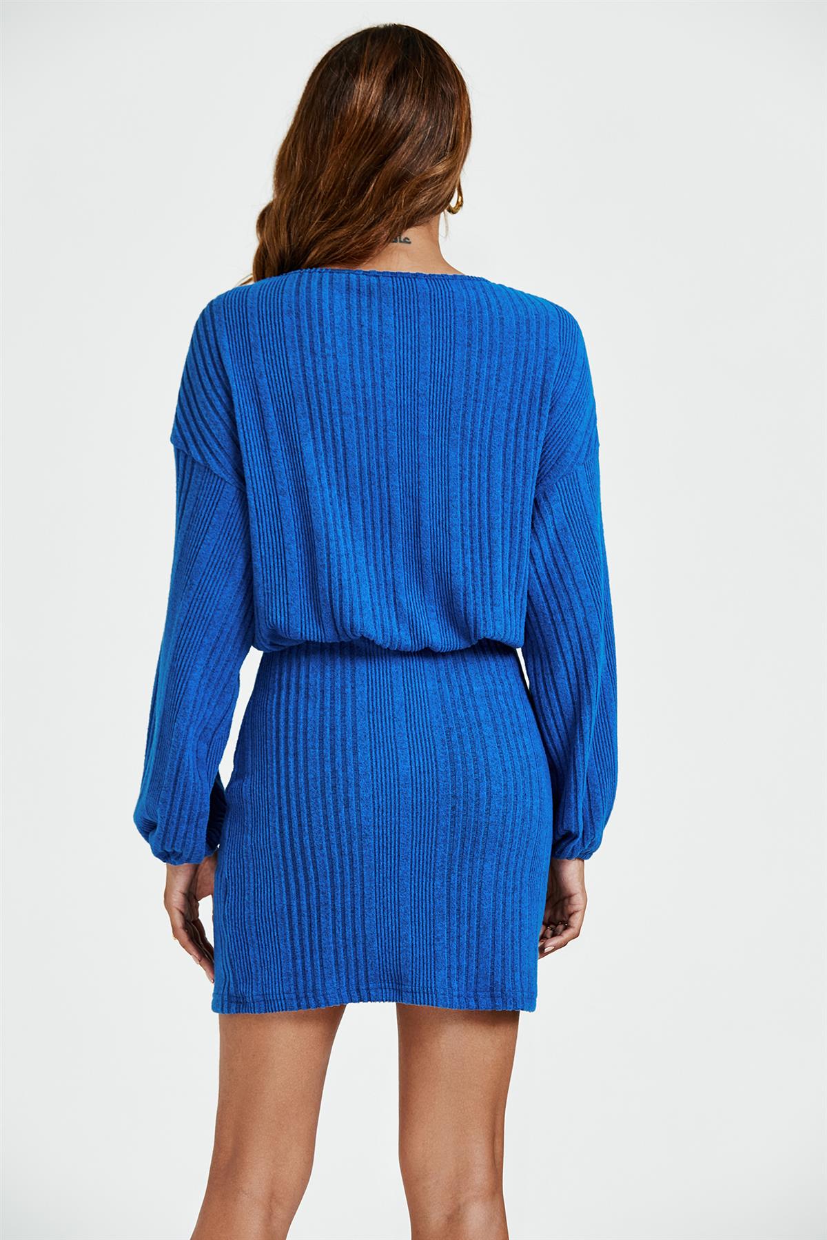 Long Sleeves Knit Mini Dress In Blue - AXON