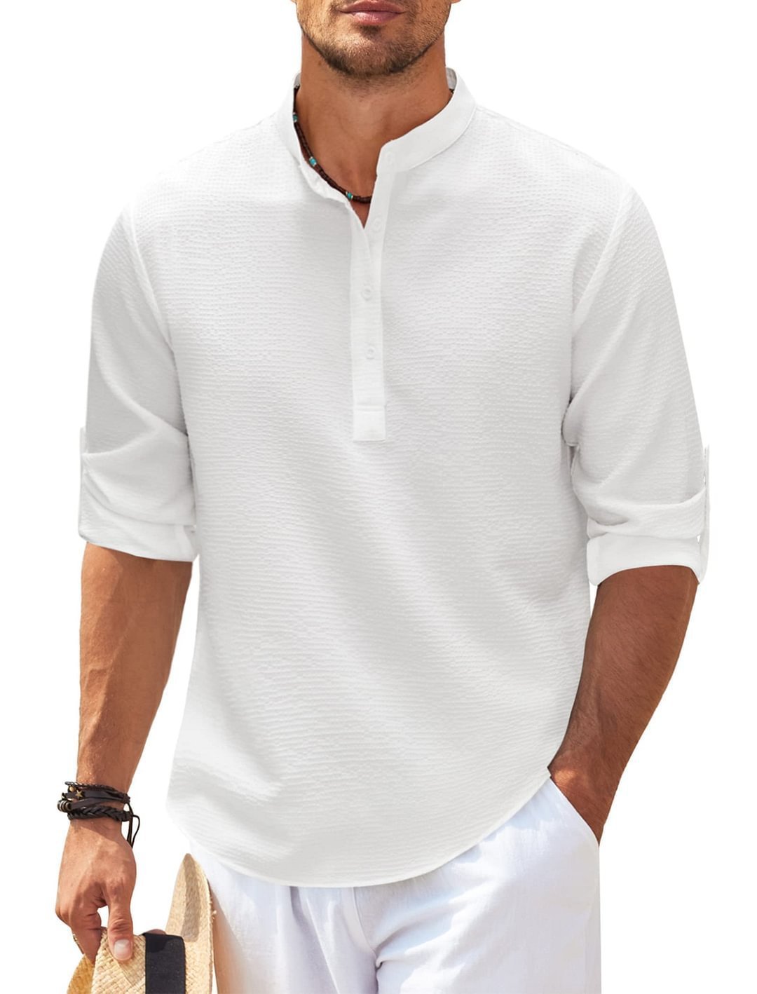 Men's Casual Shirt Long Sleeve Stand Collar Solid Color Shirt Men´s Clothing - AXON