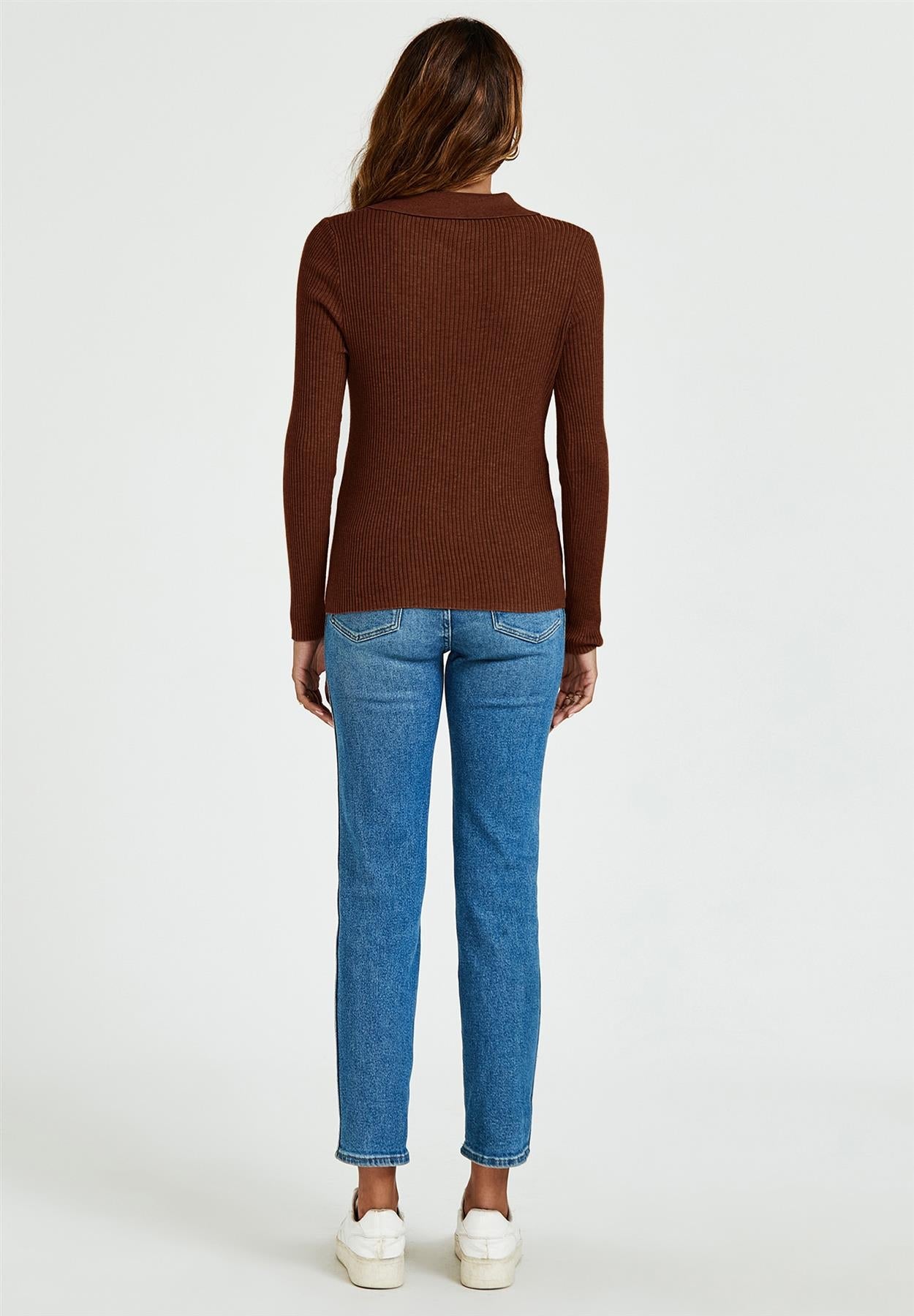 Morgan collar Double Breasted Knit Top In Brown - AXON