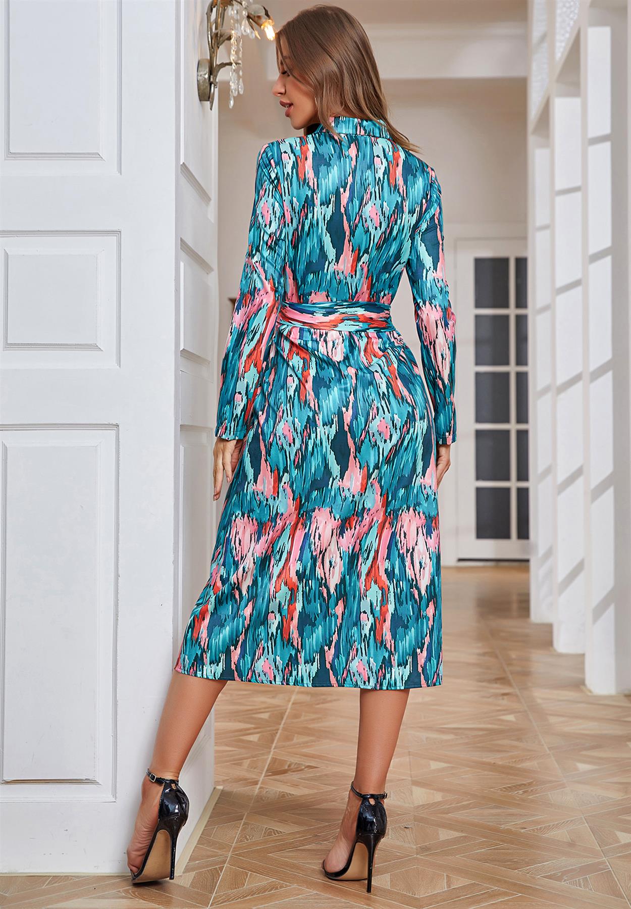 Multi Color Print Shirt Midi Wrap Dress In Green & Pink - AXON
