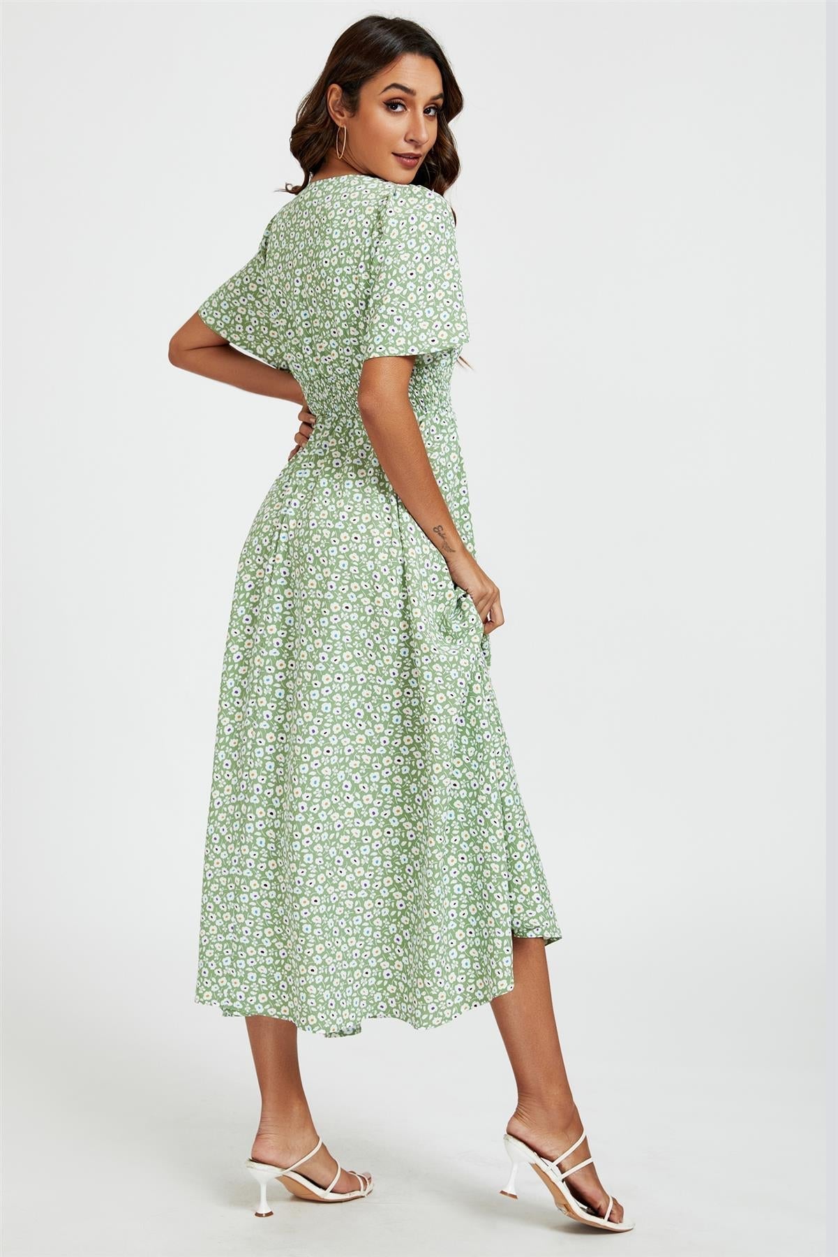 Multi Floral Print V Neck Midi Dress In Green - AXON