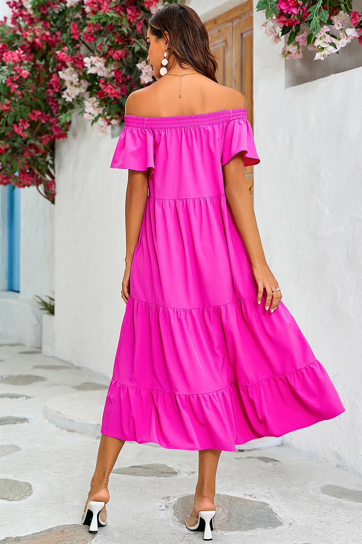 Off Shoulder Bardot Frill Midi Dress In Fuchsia Pink - AXON