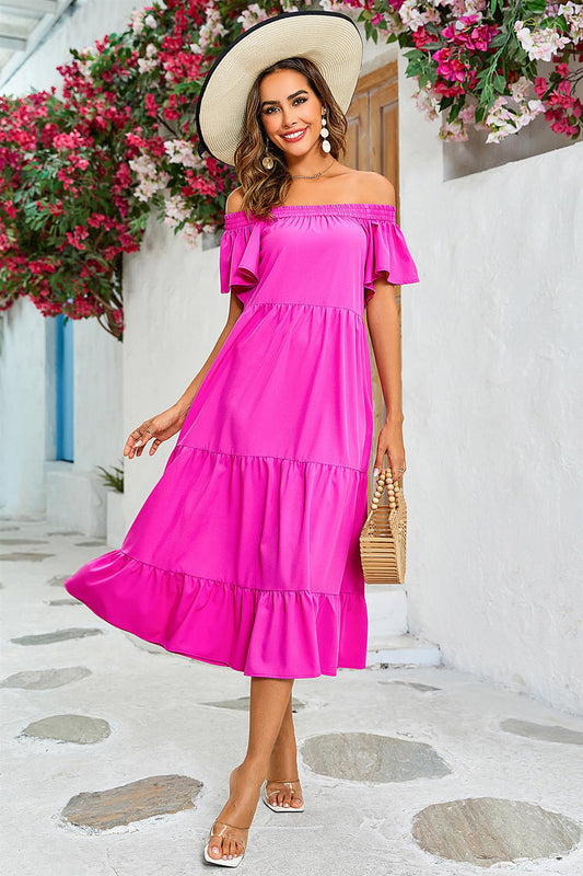 Off Shoulder Bardot Frill Midi Dress In Fuchsia Pink - AXON