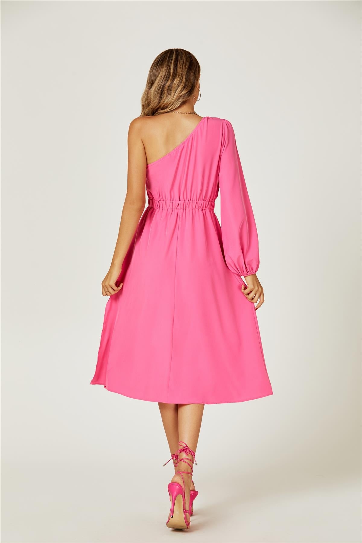 One Shoulder Split Leg Midi Dress In Fuchsia Print - AXON