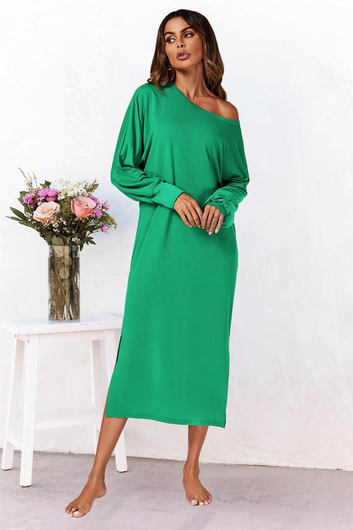 Oversized Midaxi Long Sleeve Slit Jersey Dress In Green - AXON