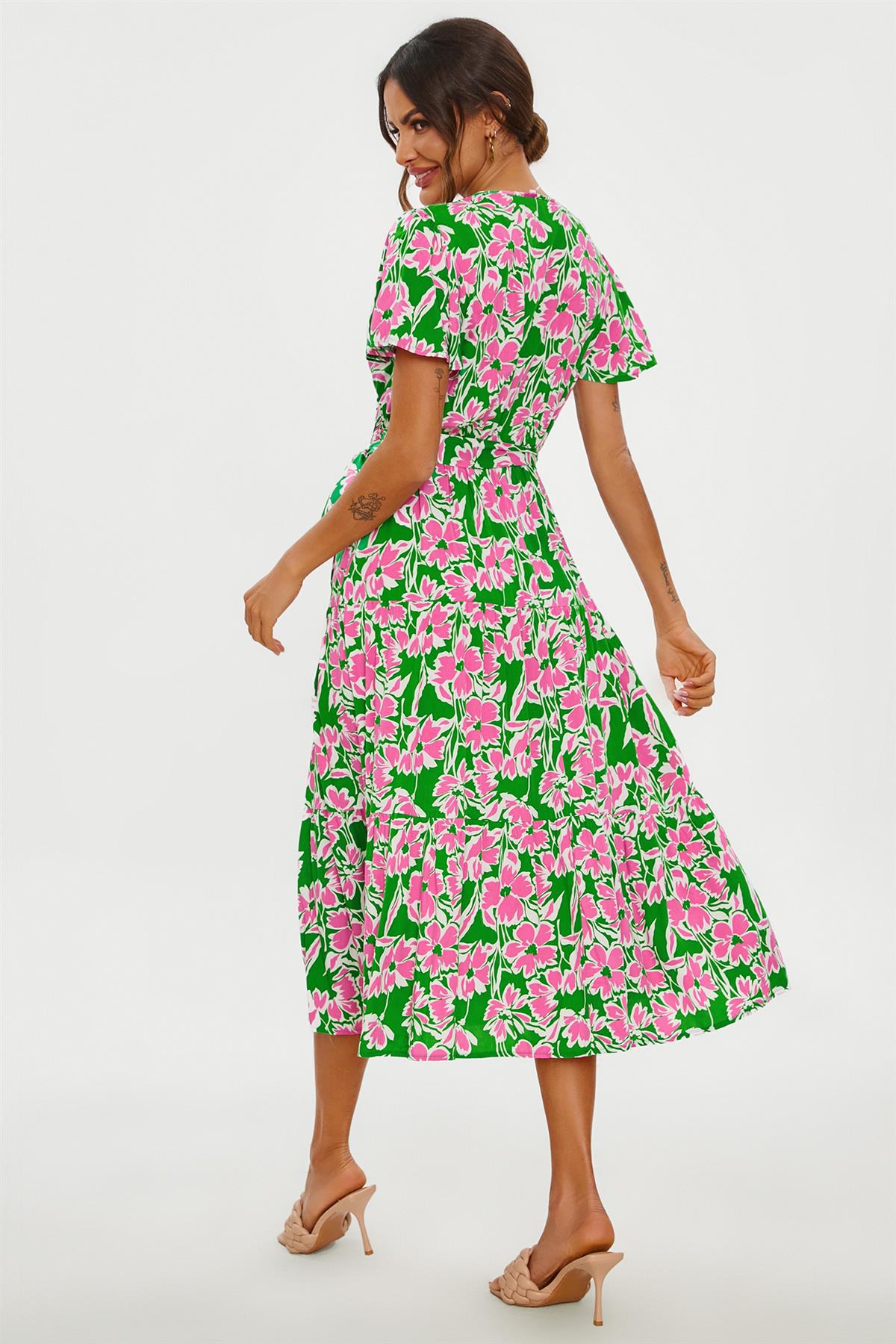 Pink Floral Print Hem Tiered Wrap Midi Dress In Green - AXON