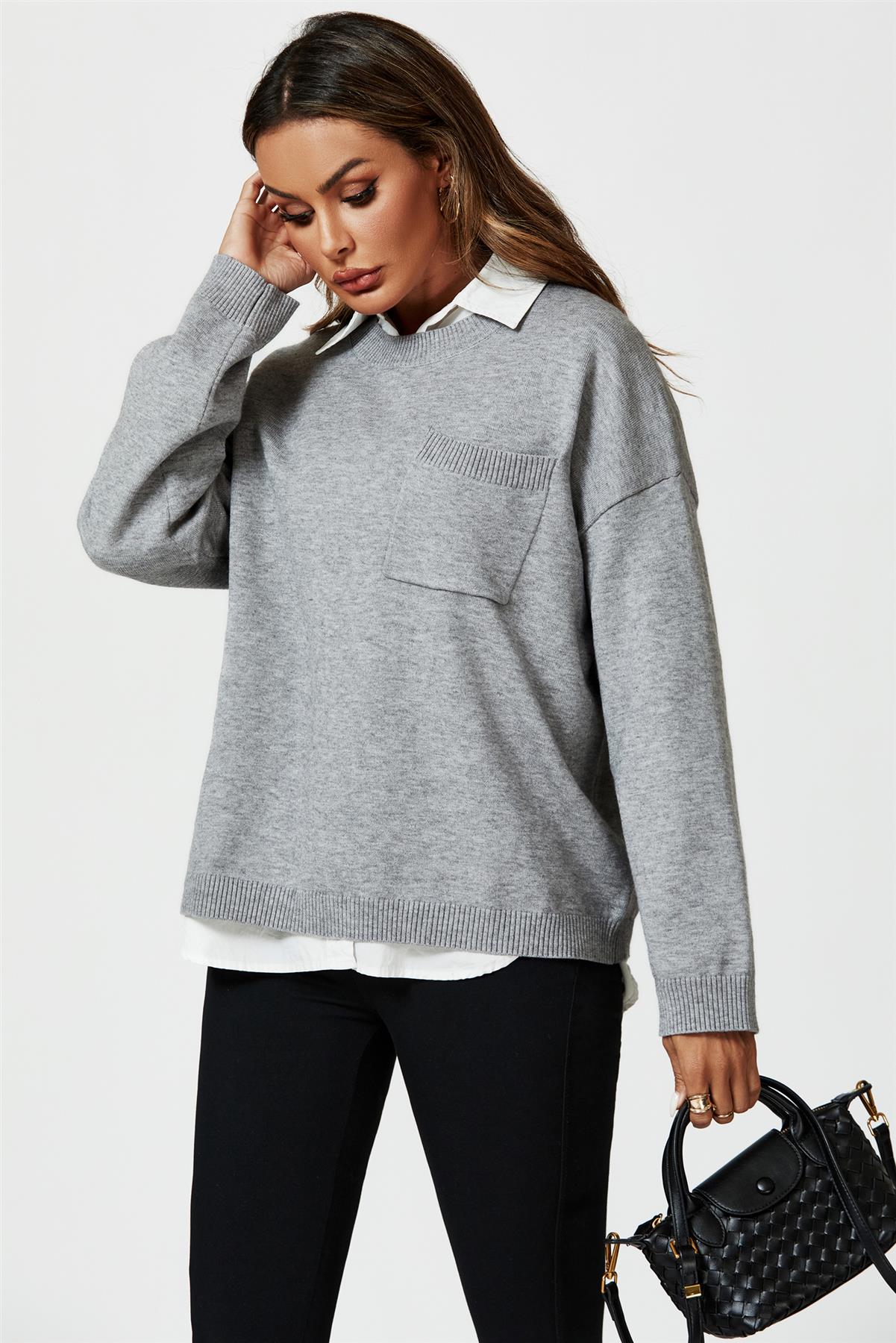 Pocket Detail Knitted Jumper In Grey - AXON