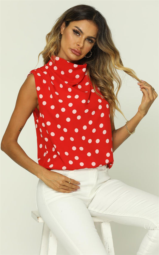 Polka Dot High Neck Sleeveless Blouse In Red - AXON