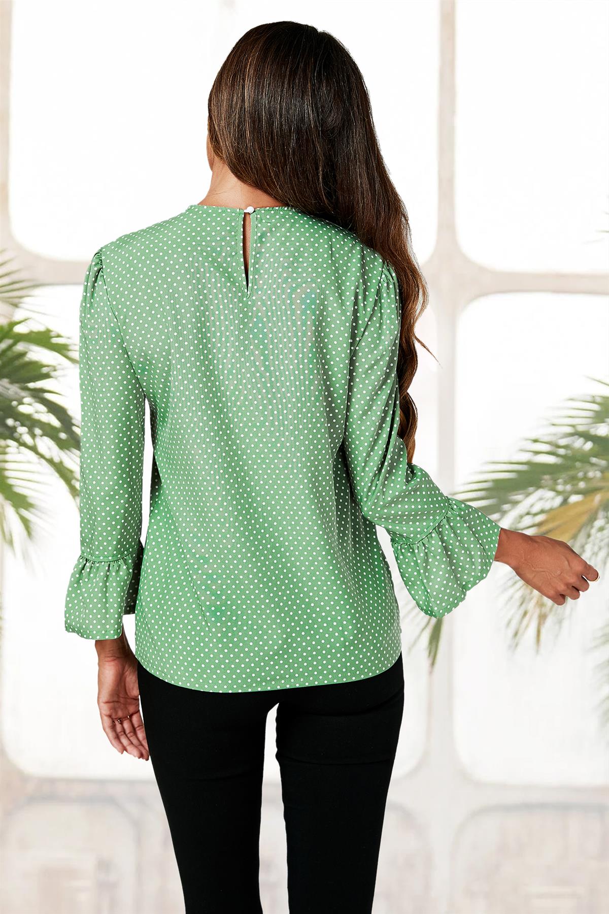 Polka Dot Print Frill Detail Cuff Top In Green - AXON