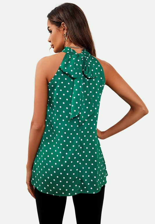 Polka Dot Print Halter Neck Tie Back Top In Green - AXON