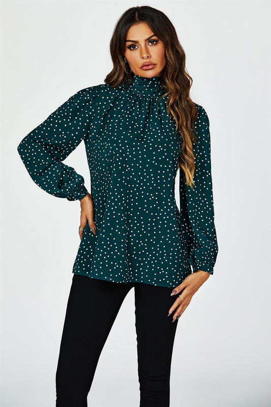Polka Dot Print Long Sleeve Back Tie Blouse Top In Green - AXON