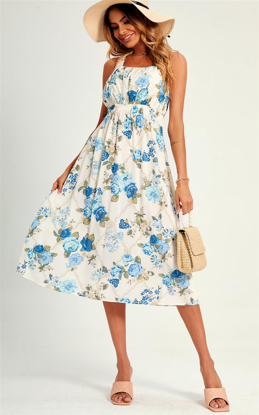 Pretty Flora Print Cross Back Midi Dress In White - AXON