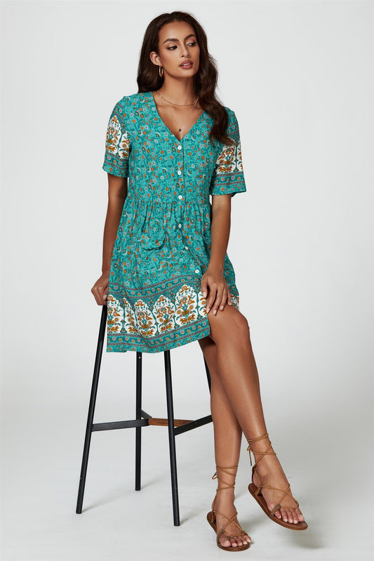 Print Boho Mini Dress In Green - AXON