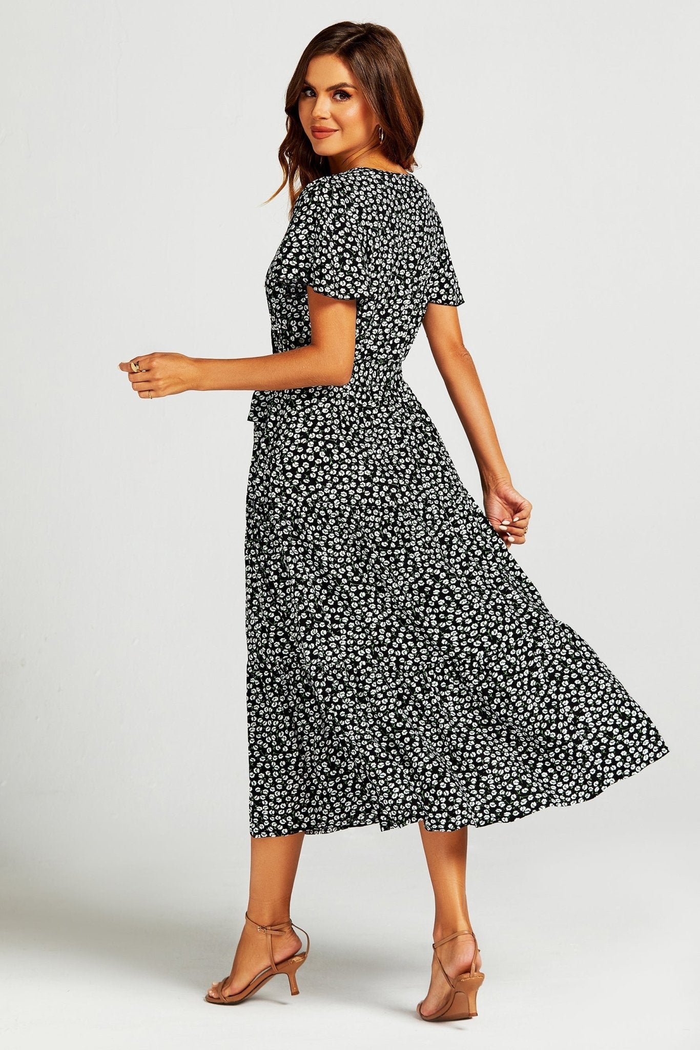 Printed Hem Tiered Wrap Neckline Midi Dress with Split Leg in Black - AXON