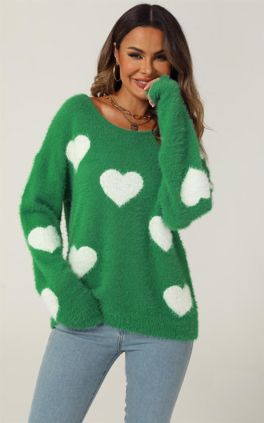 Relaxed Comfy White Heart Pattern Jumper Top In Green - AXON
