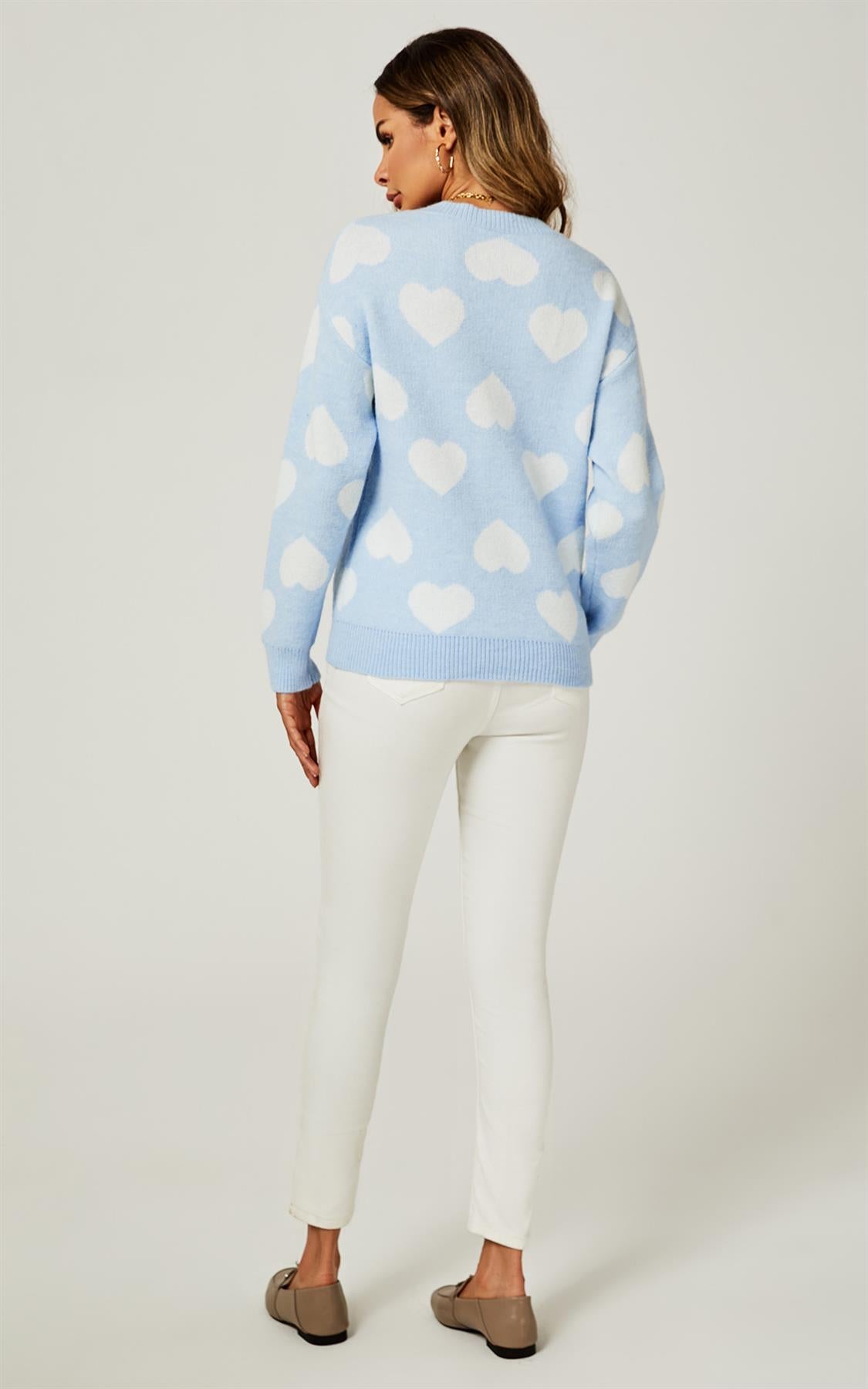 Relaxed Comfy White V Neck Heart Pattern Jumper Top In Baby Blue - AXON