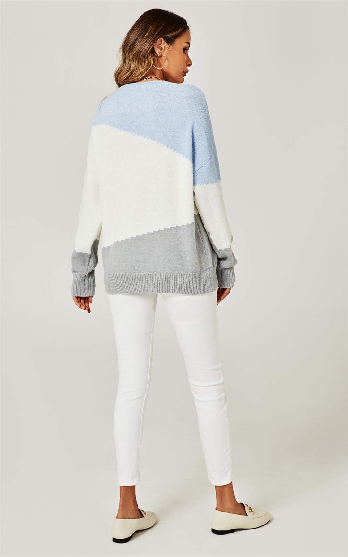 Relaxed Grey & White Block Colour Jumper Top In Blue - AXON