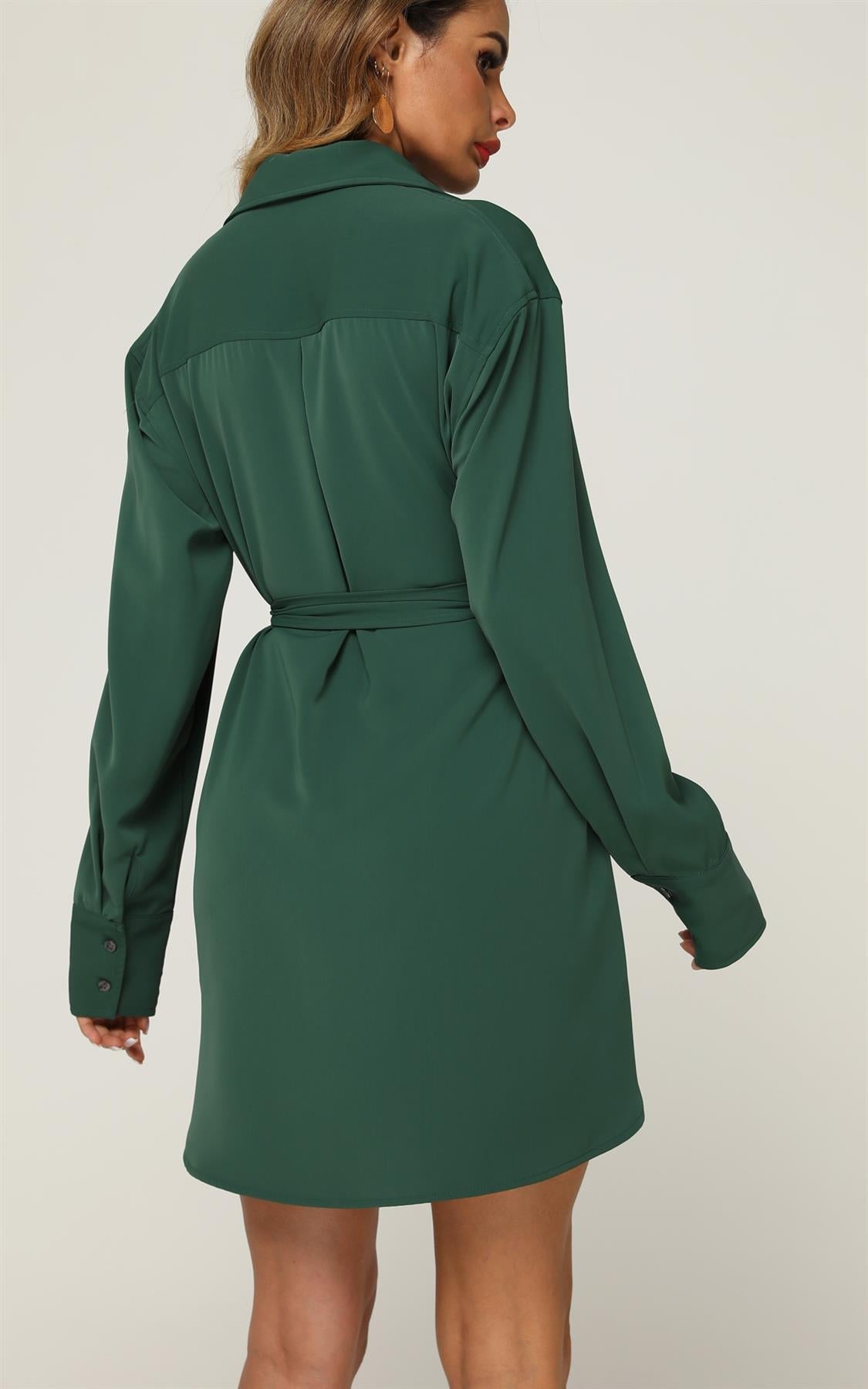 Relaxed Rounded Side Split Mini Shirt Dress In Green - AXON