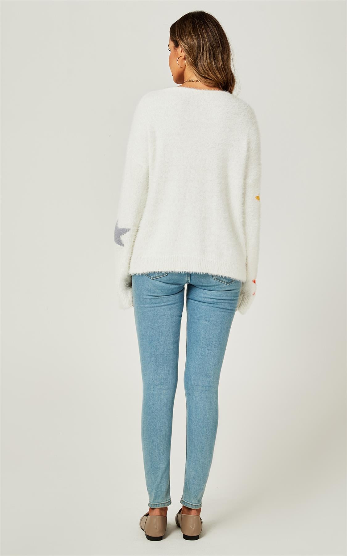 Relaxed Soft Comfy V Neck White Star Pattern Jumper Top In White - AXON