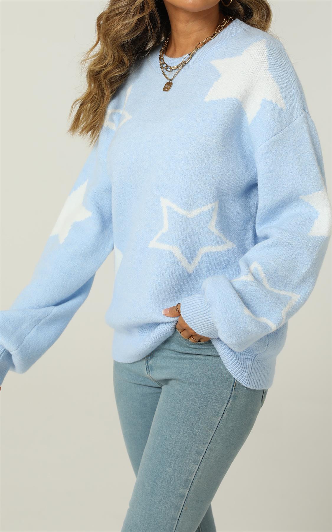 Relaxed Soft Comfy White Star Pattern Jumper Top In Blue - AXON
