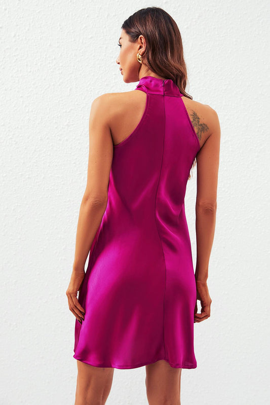 Satin Halter Neck Mini Dress In Fuchsia - AXON