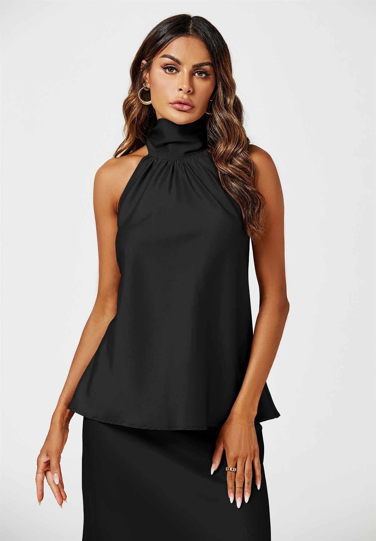 Satin Halter Neck Tie Back Top In Black - AXON