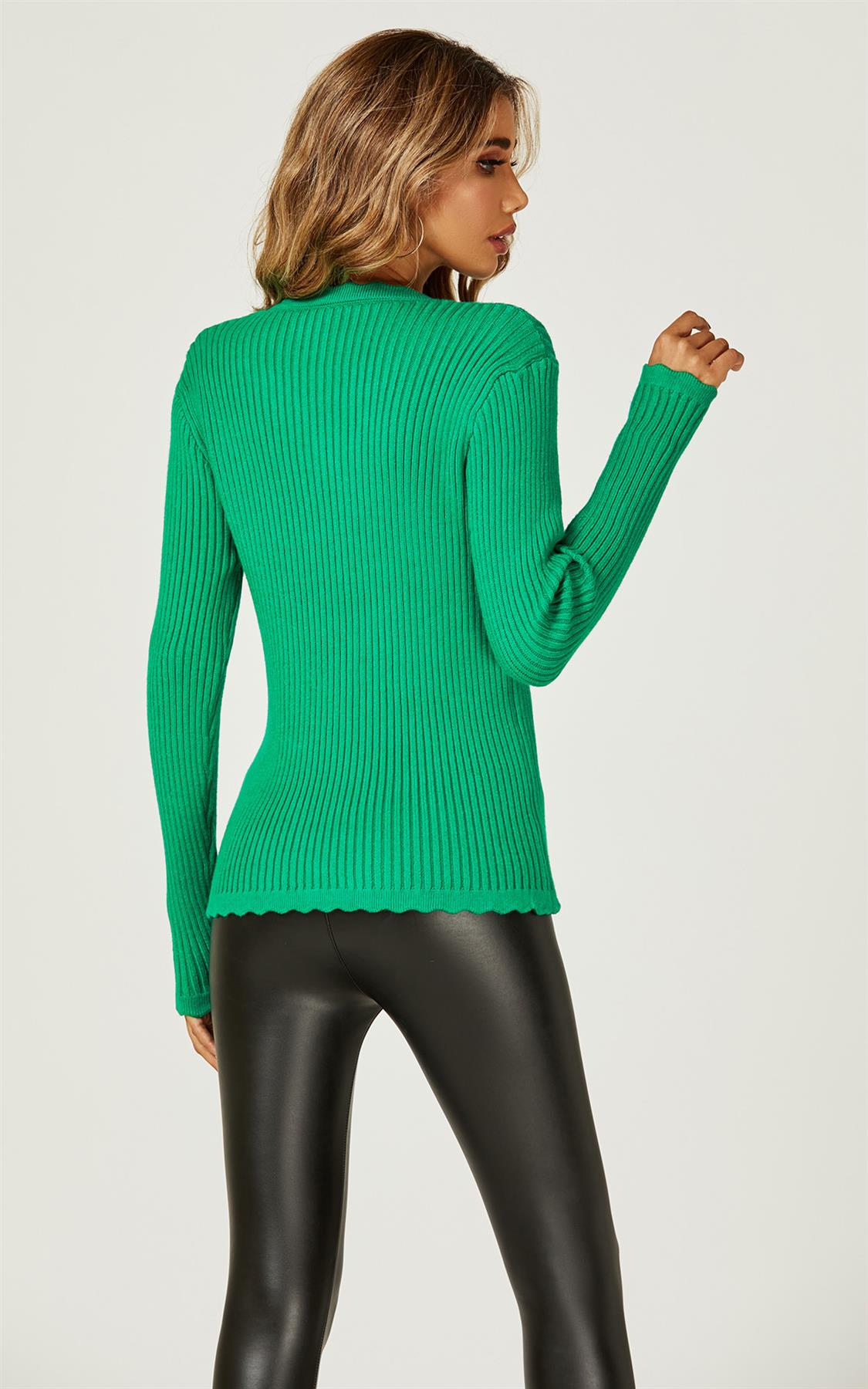 Scallop Crochet Trim V Neck Stretch - Knitted Jumper In Green - AXON
