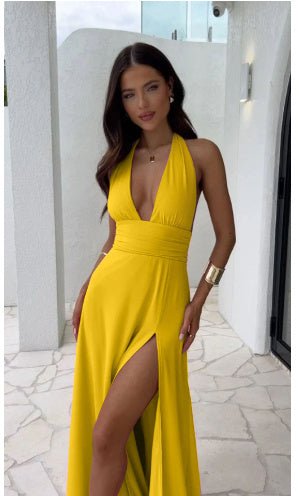 Sexy Halterneck V - neck Slit Dress Summer Backless Strappy Skirt Fashion Temperament Clothing Women - AXON