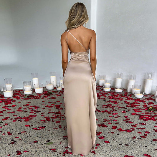 Sexy One - shoulder Backless Slit Dress Sexy Elegant Slim - fit Solid Color Satin Dresses For Solid Color - AXON