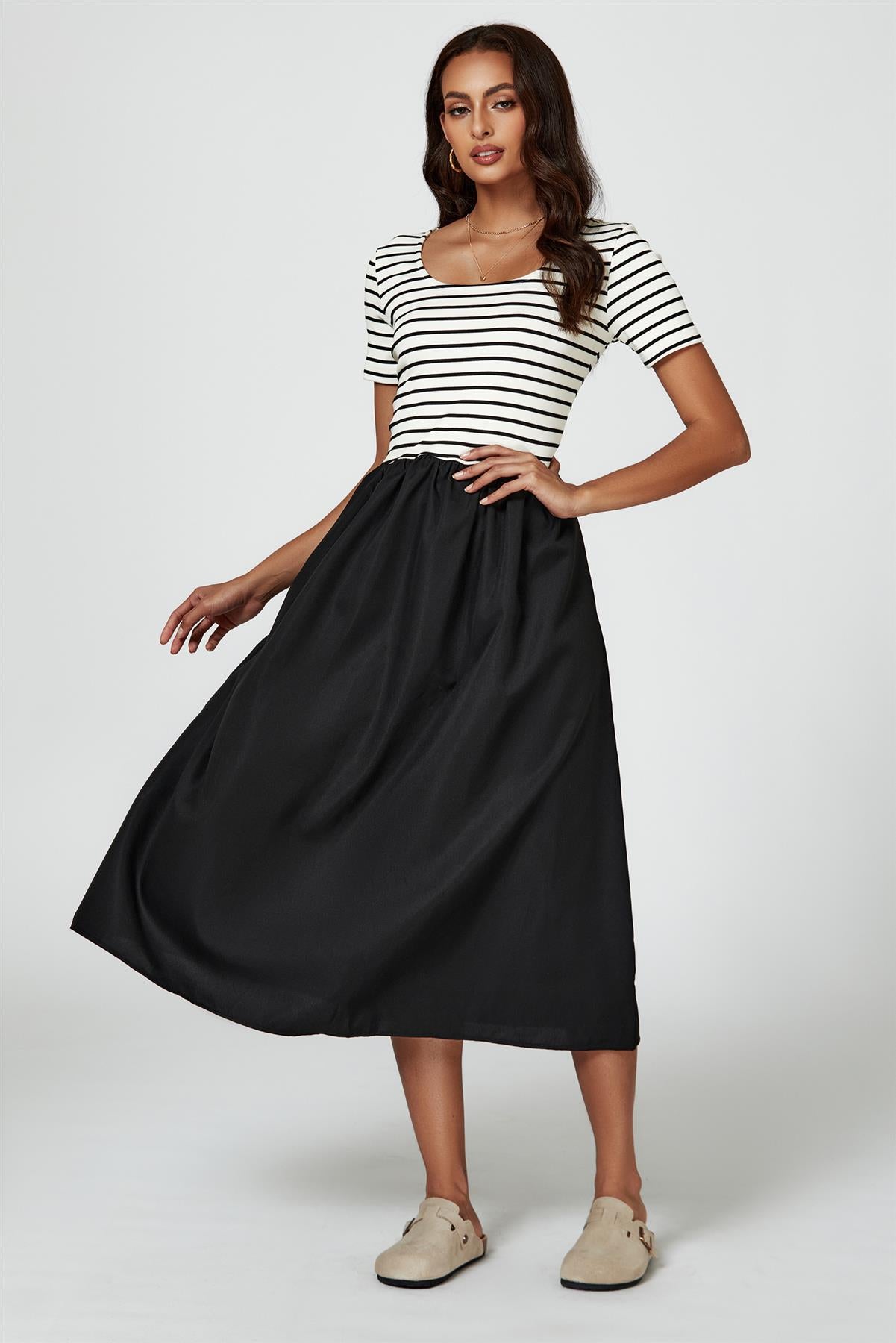 Short Sleeve Black Stripe Midi Dress In White - AXON