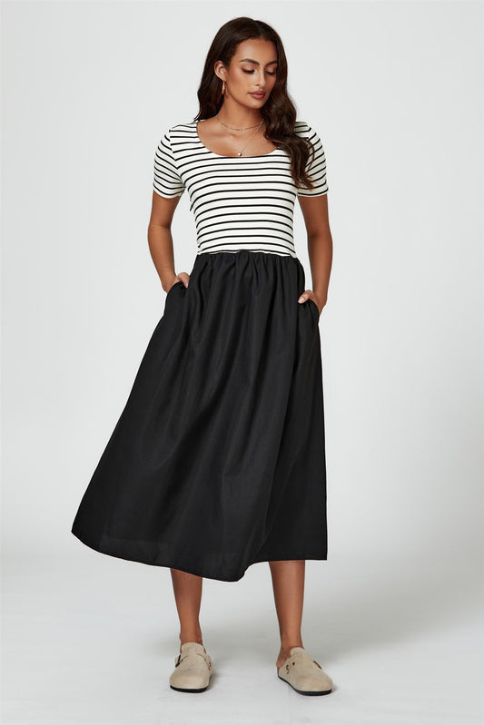 Short Sleeve Black Stripe Midi Dress In White - AXON