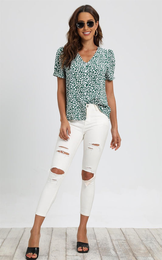 Short Sleeve Buttoned Blouse Top In Green & White Flora Print - AXON