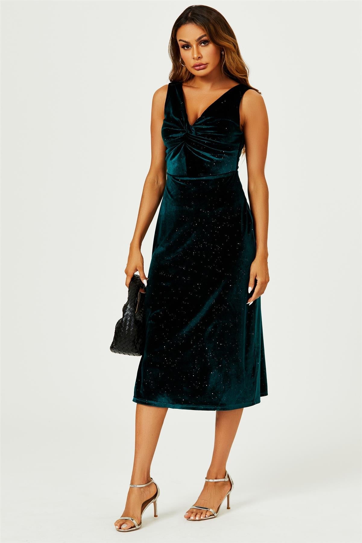 Silver Sparkly Velvet Knot Front Midi Dress In Green - AXON