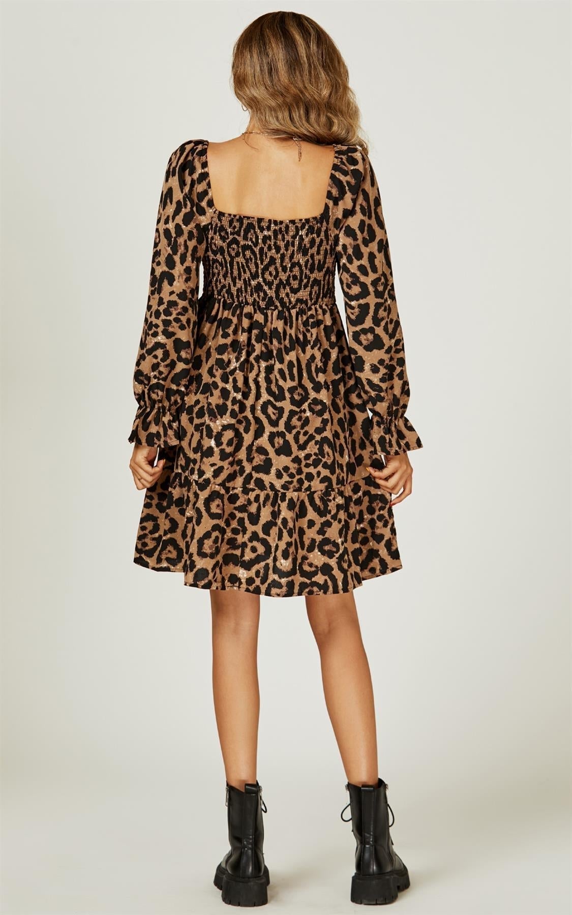 Square Neck Puff Sleeve Mini Dress In Leopard Print - AXON