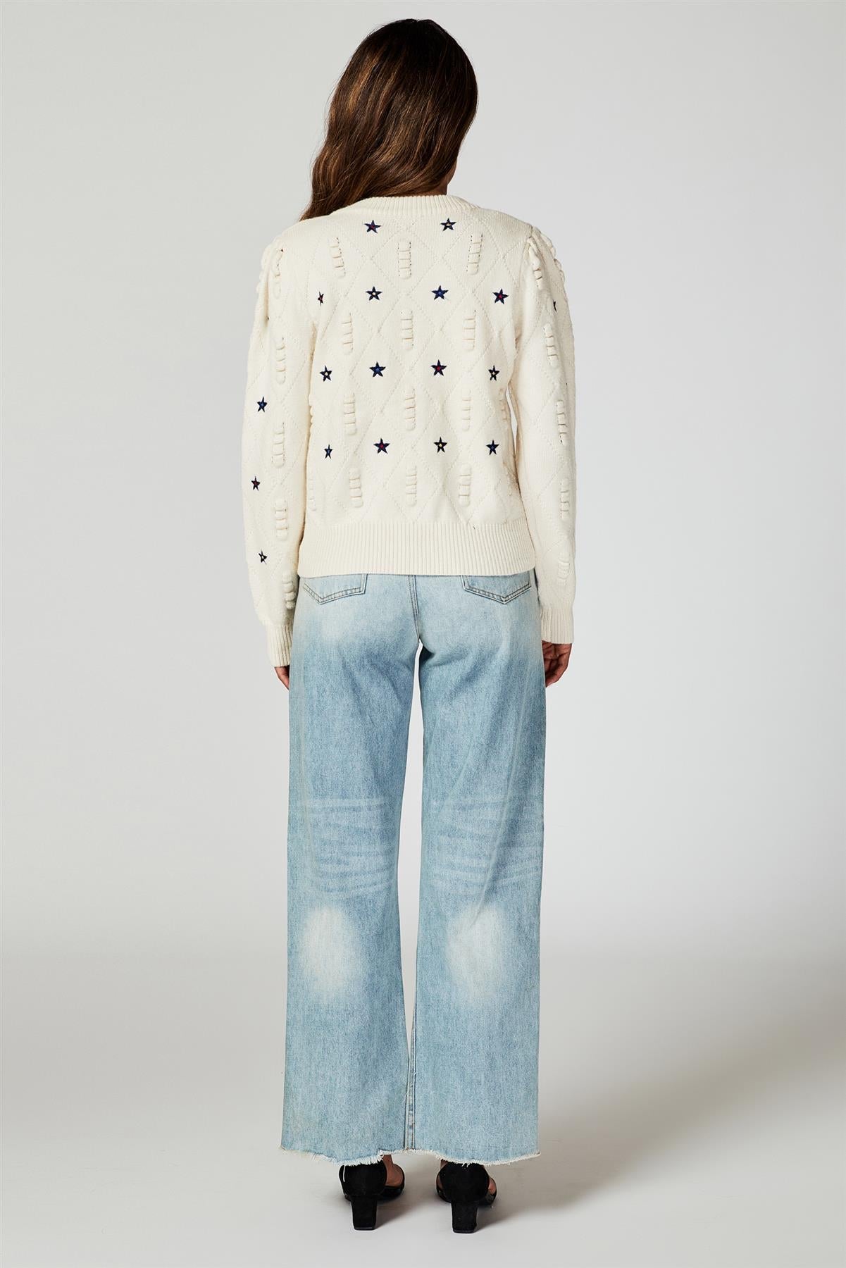 Star Embroidered Knitted Cardigan In Bone White - AXON