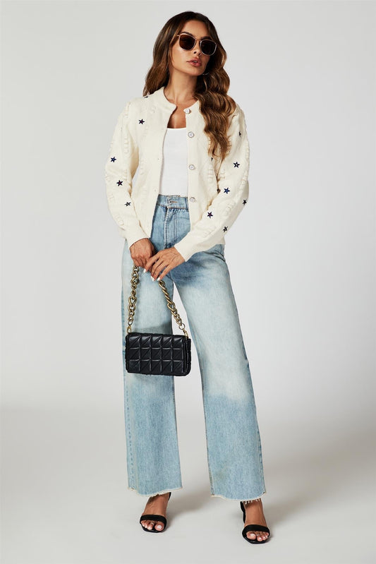 Star Embroidered Knitted Cardigan In Bone White - AXON