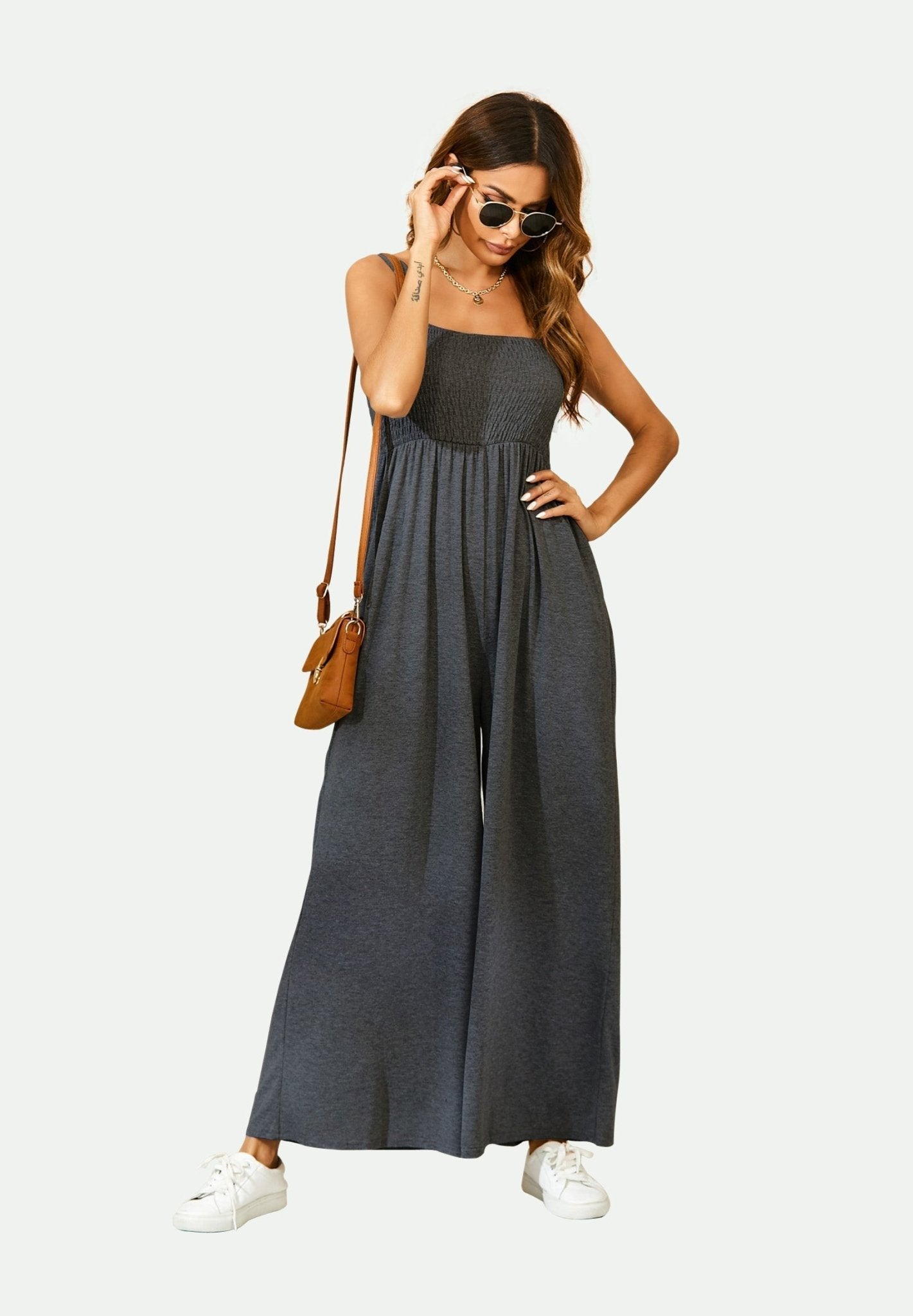 Strappy Bardot Loungewear Jumpsuit In Charcoal Grey - AXON