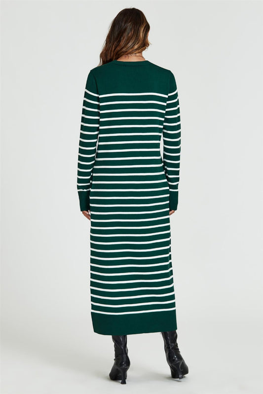 Stripe Pattern Knitted Tunic Jumper Dress In Dark Green - AXON
