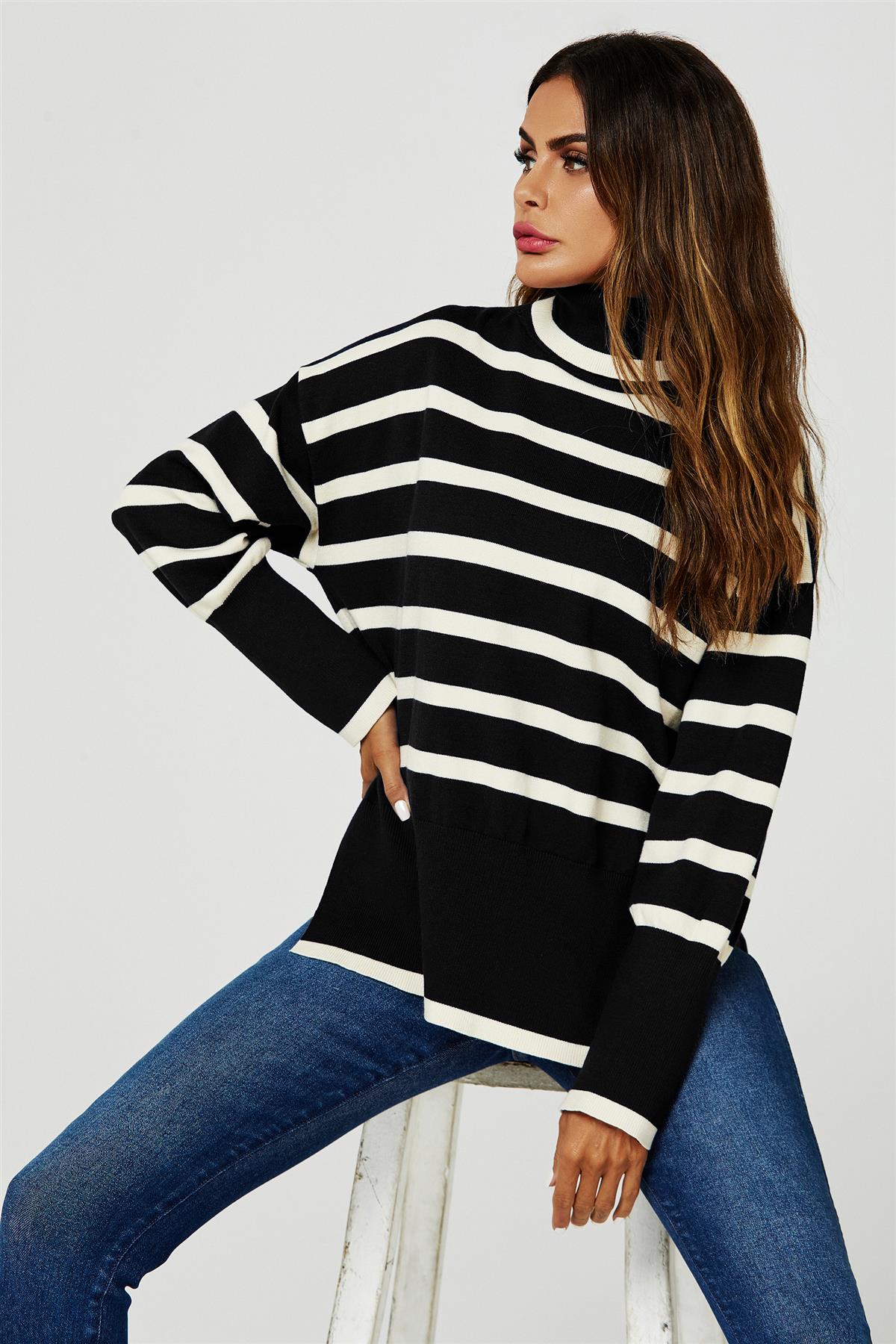 Stripes Pattern Turtleneck Jumper Top In Black - AXON