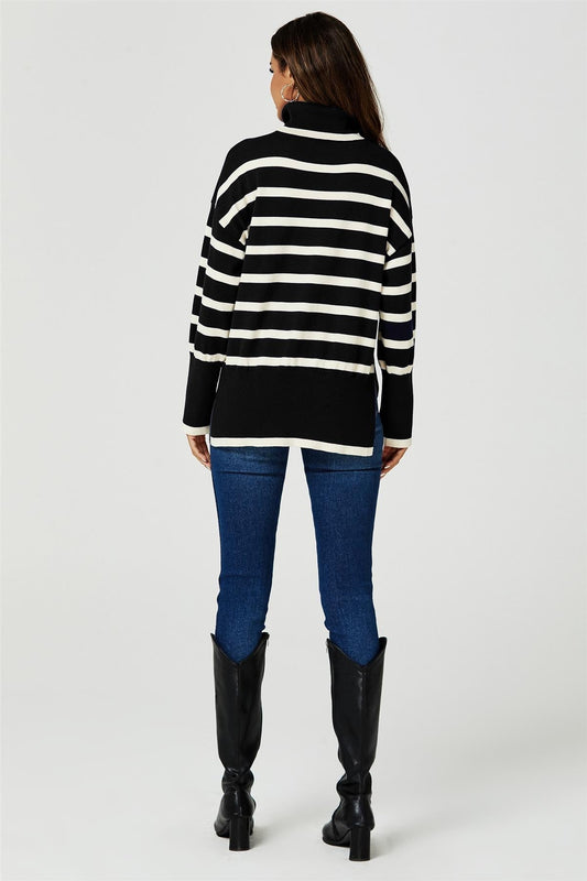 Stripes Pattern Turtleneck Jumper Top In Black - AXON
