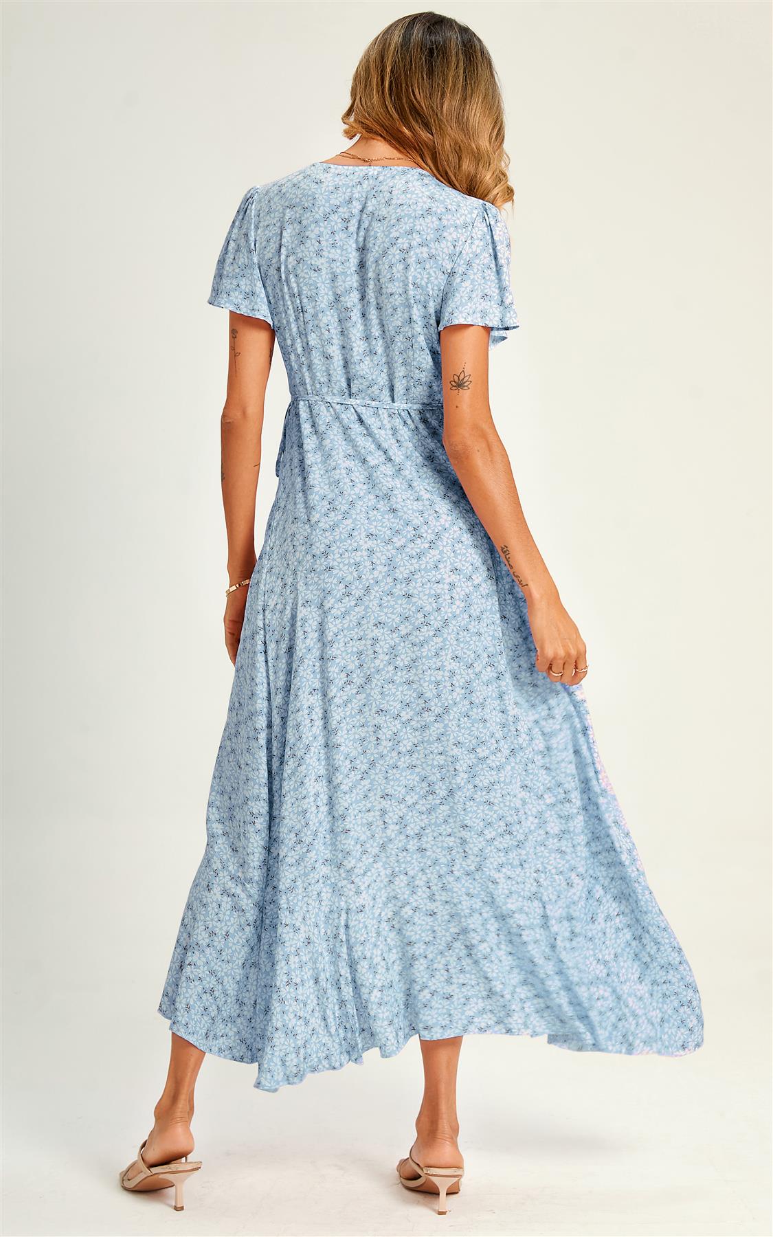 Summer Floral Print Hem Wrap Midi Dress In Blue - AXON