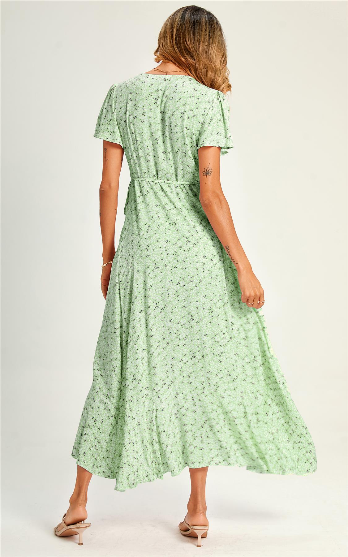 Summer Floral Print Hem Wrap Midi Dress In Mint Green - AXON